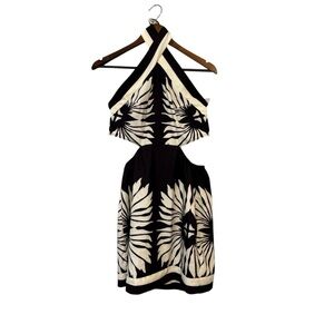 Women's Black and Cream Tropical Halter Mini Cutout Dress